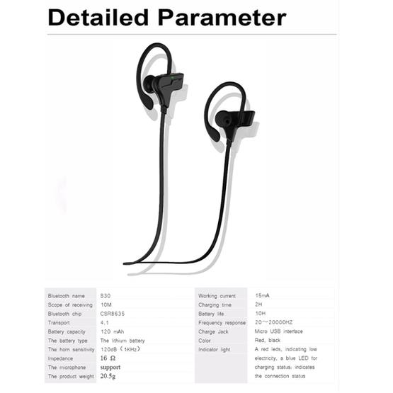 S30 Wireless Bluetooth Sport Stereo Ear Hook Earphone (Black)